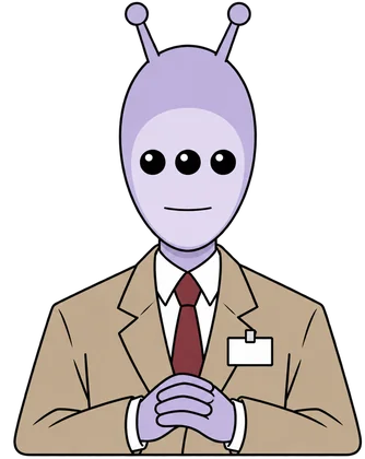 Gary, a lilac three-eyed alien in a beige suit